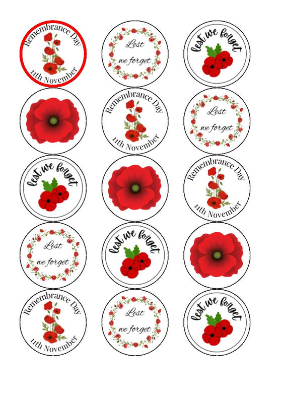 Remembrance - Edible cake/cupcake toppers - Mix of designs