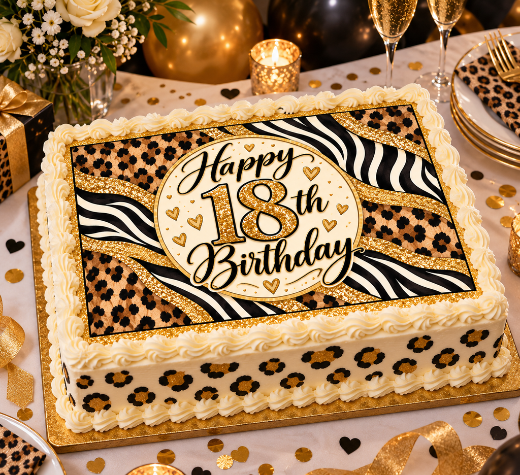 Happy 18th Birthday Animal Print Edible Cake & Cupcake Toppers