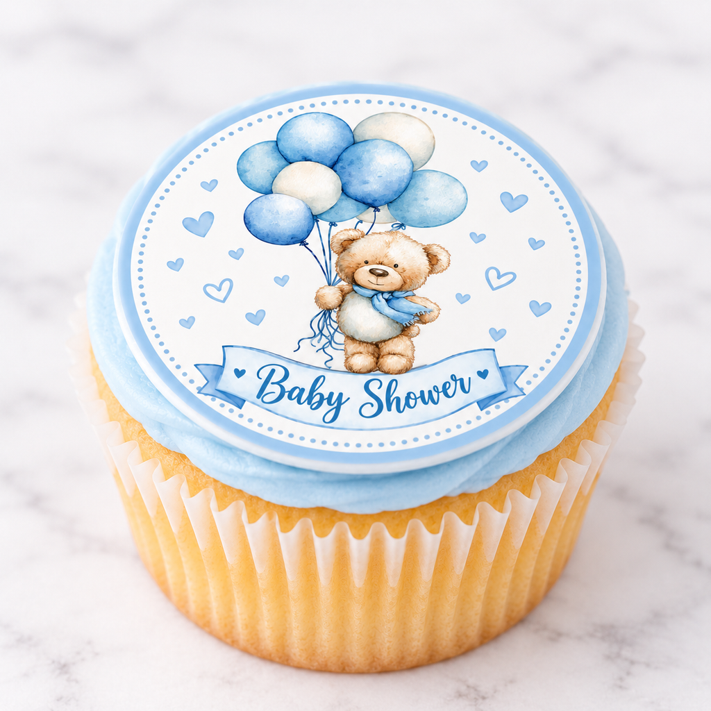 Blue Teddy Bear Baby Shower Edible Cake & Cupcake Toppers