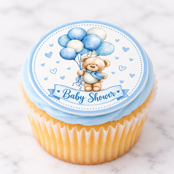 Blue Teddy Bear Baby Shower Edible Cake & Cupcake Toppers