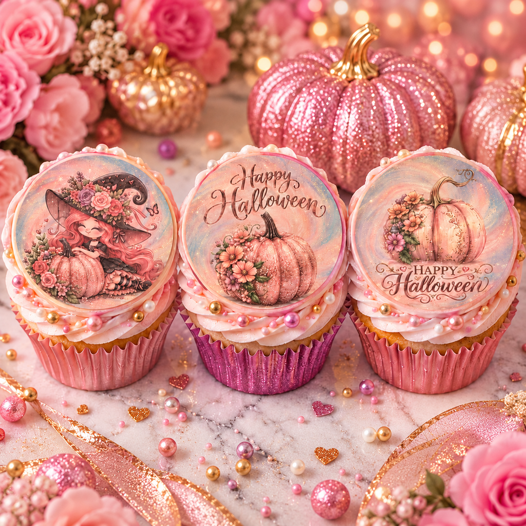 Pink Halloween Edible Cake & Cupcake Toppers – Pretty Pastel Pumpkin & Witch Designs