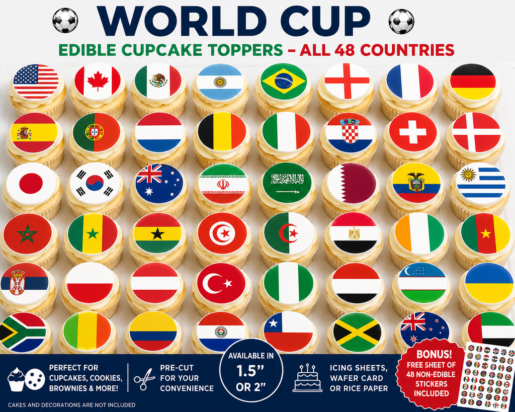 World Cup Edible Cupcake Toppers AND free stickers!! – All 48 Countries 🌍⚽