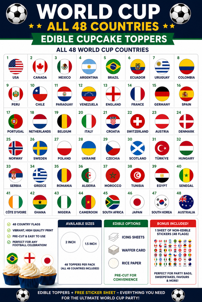 World Cup Edible Cupcake Toppers AND free stickers!! – All 48 Countries 🌍⚽