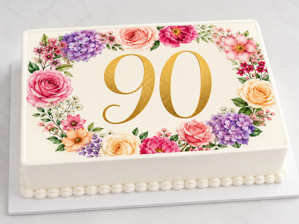 Happy 90th Floral Birthday Edible Cake Toppers