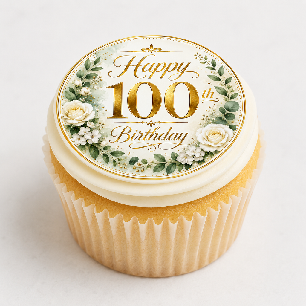 Happy 100th Birthday Edible Cake Toppers - Green and Gold