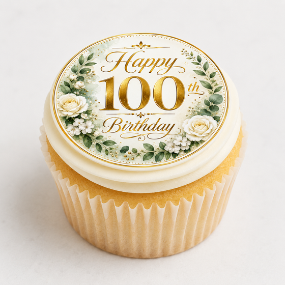 Happy 100th Birthday Edible Cake Toppers - Green and Gold