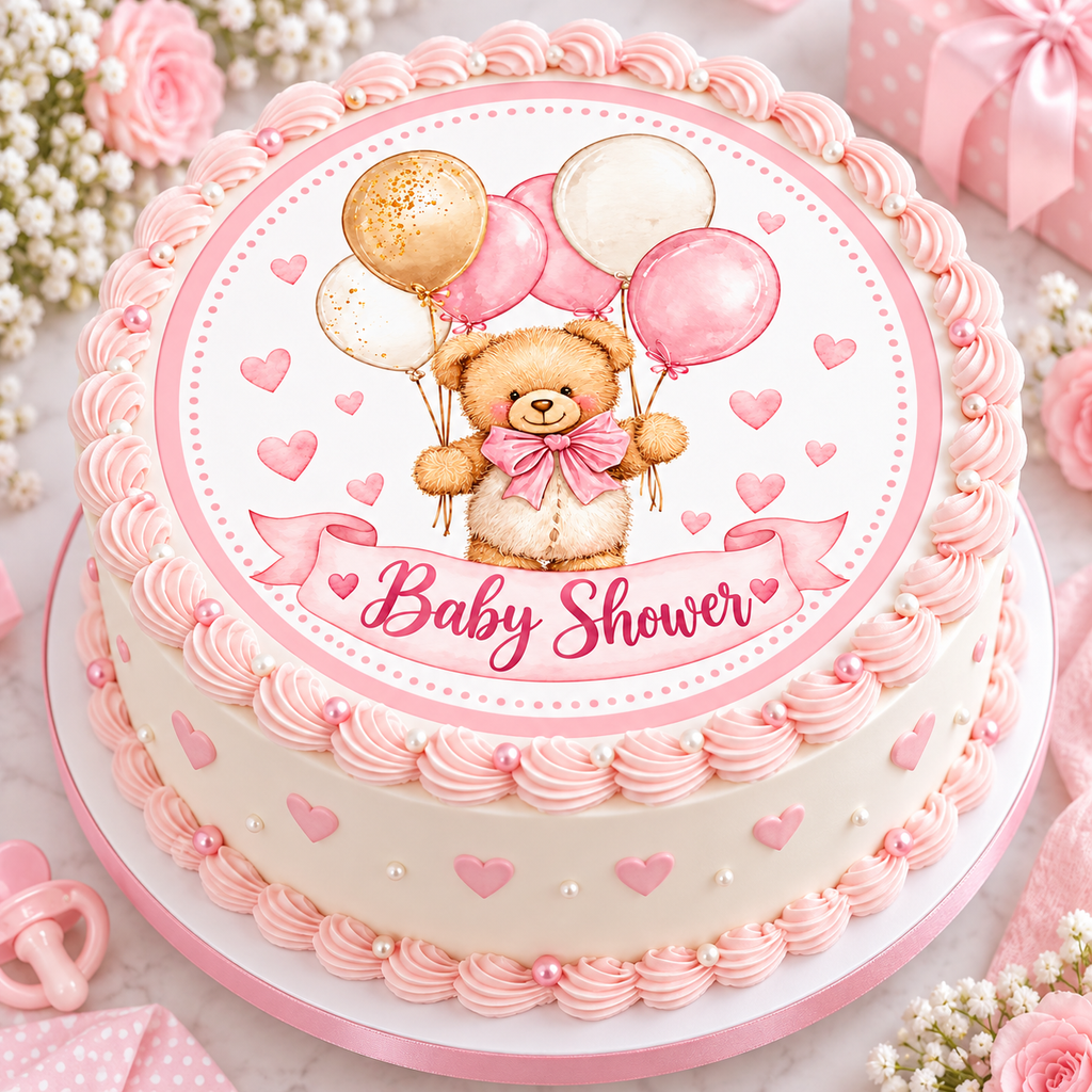 Pink Teddy Bear Baby Shower Edible Cake & Cupcake Toppers