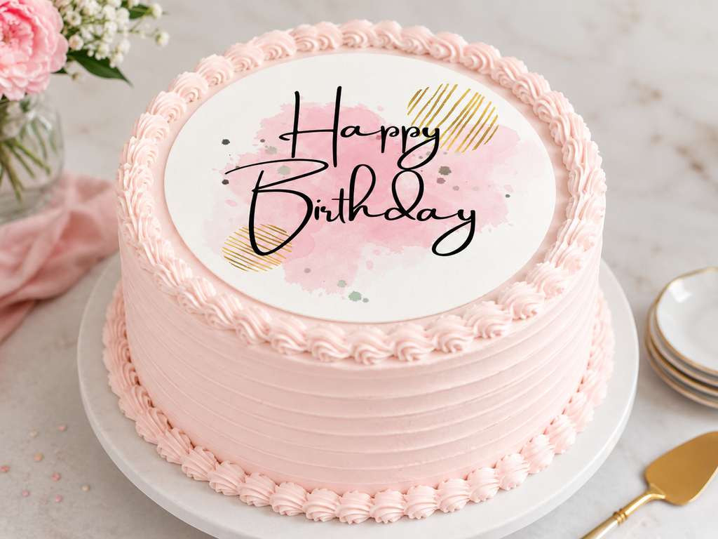 Happy Birthday - Pink and Gold - Edible Cake & Cupcake Toppers