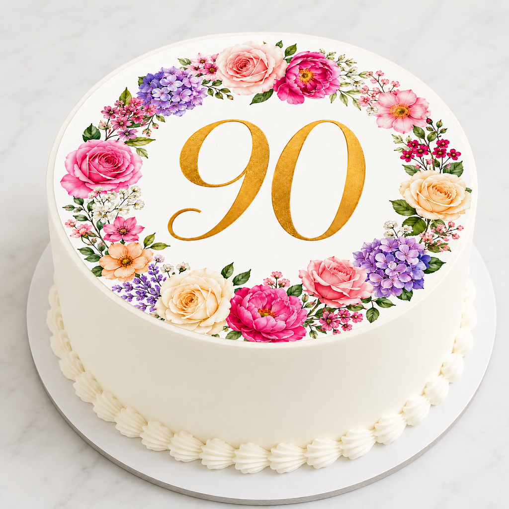 Happy 90th Floral Birthday Edible Cake Toppers