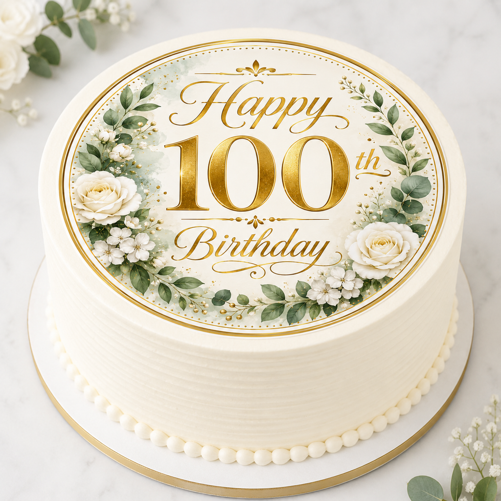 Happy 100th Birthday Edible Cake Toppers - Green and Gold
