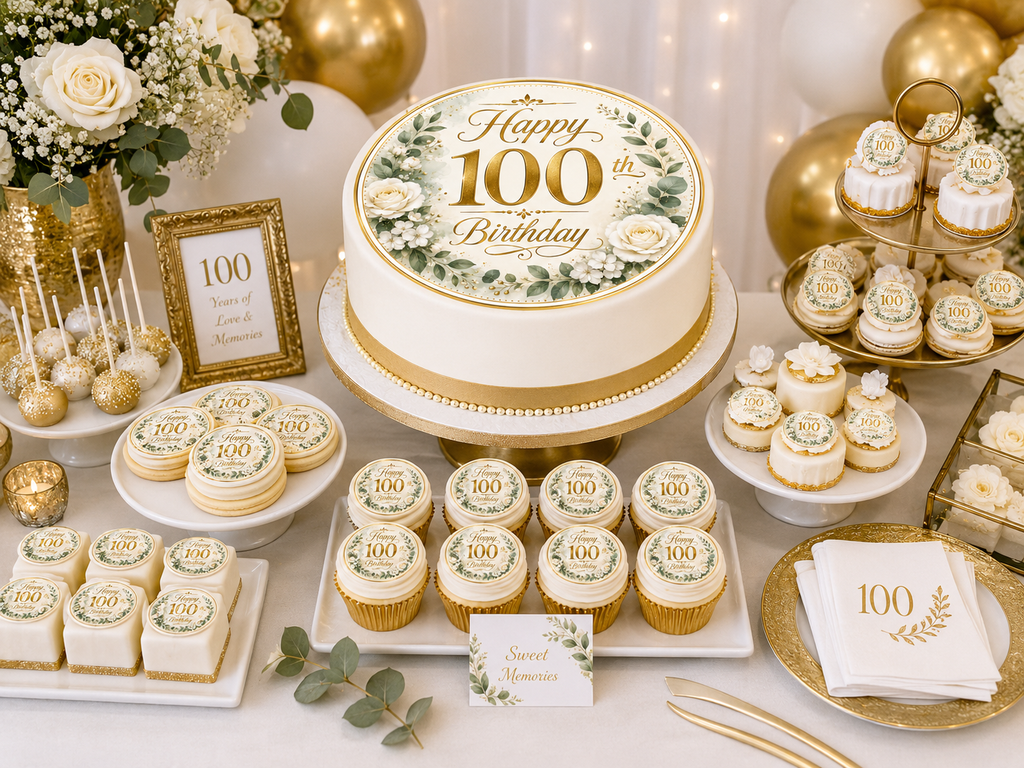 Happy 100th Birthday Edible Cake Toppers - Green and Gold