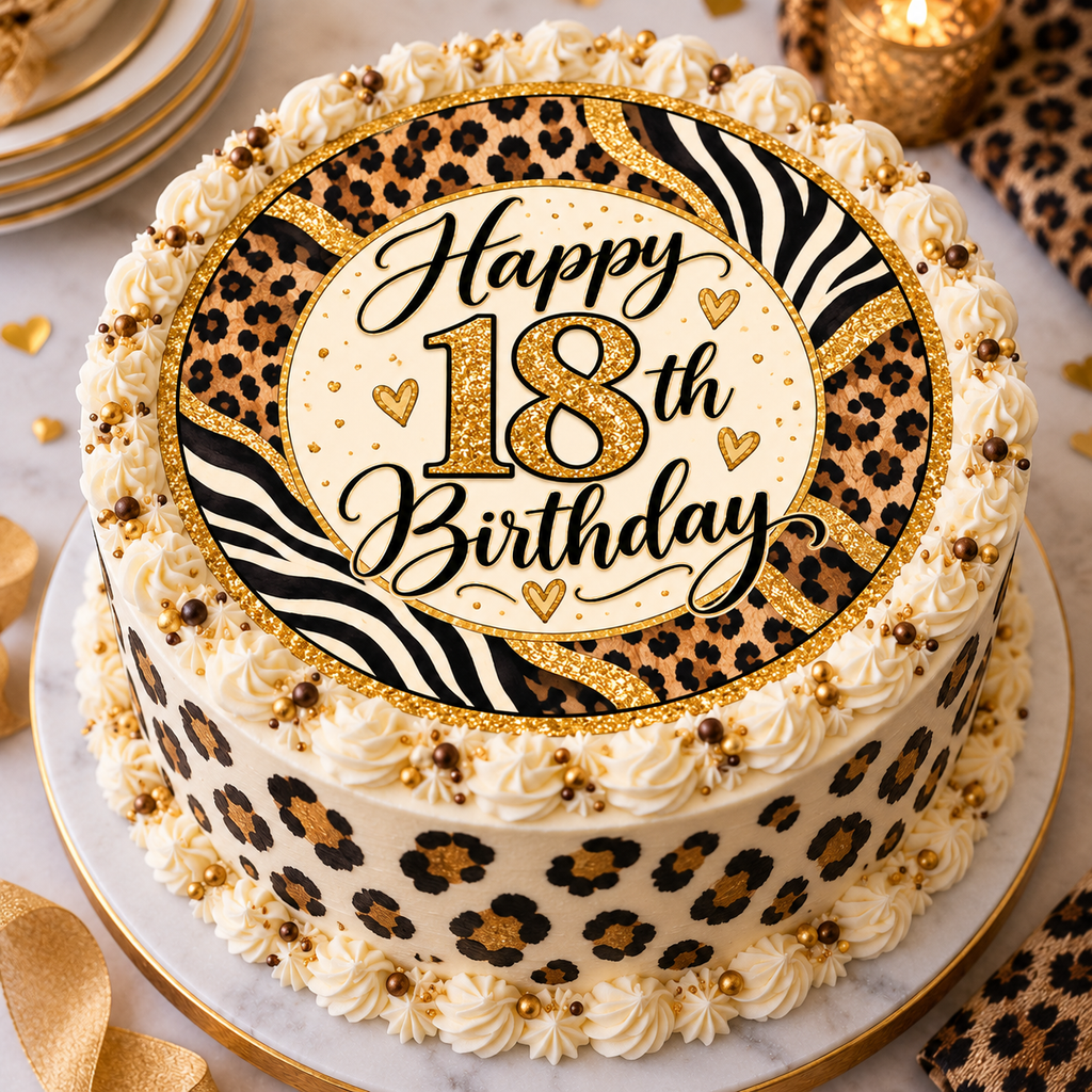 Happy 18th Birthday Animal Print Edible Cake & Cupcake Toppers