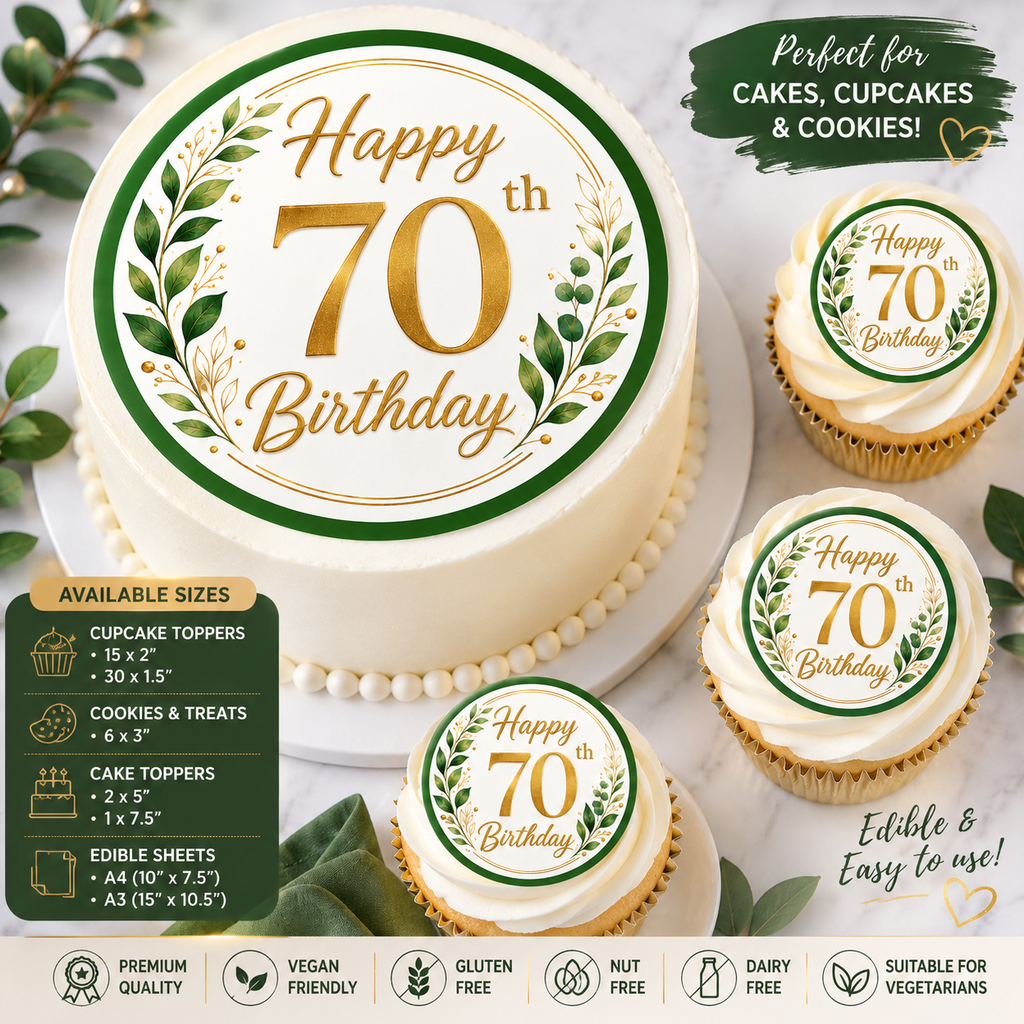 Happy 70th Birthday Edible Cake/Cupcake Toppers – Green & Gold Botanical Design