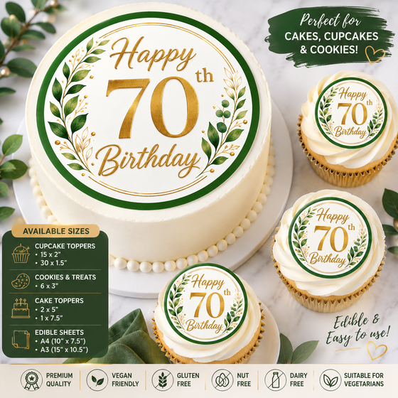 Happy 70th Birthday Edible Cake/Cupcake Toppers – Green & Gold Botanical Design