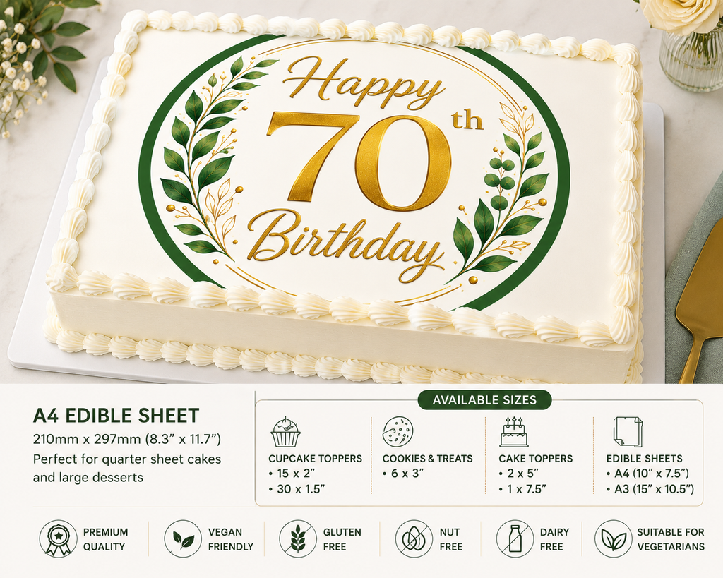 Happy 70th Birthday Edible Cake/Cupcake Toppers – Green & Gold Botanical Design