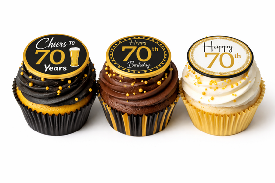 70th Birthday Collection (Black & Gold Theme) Edible Cupcake Toppers