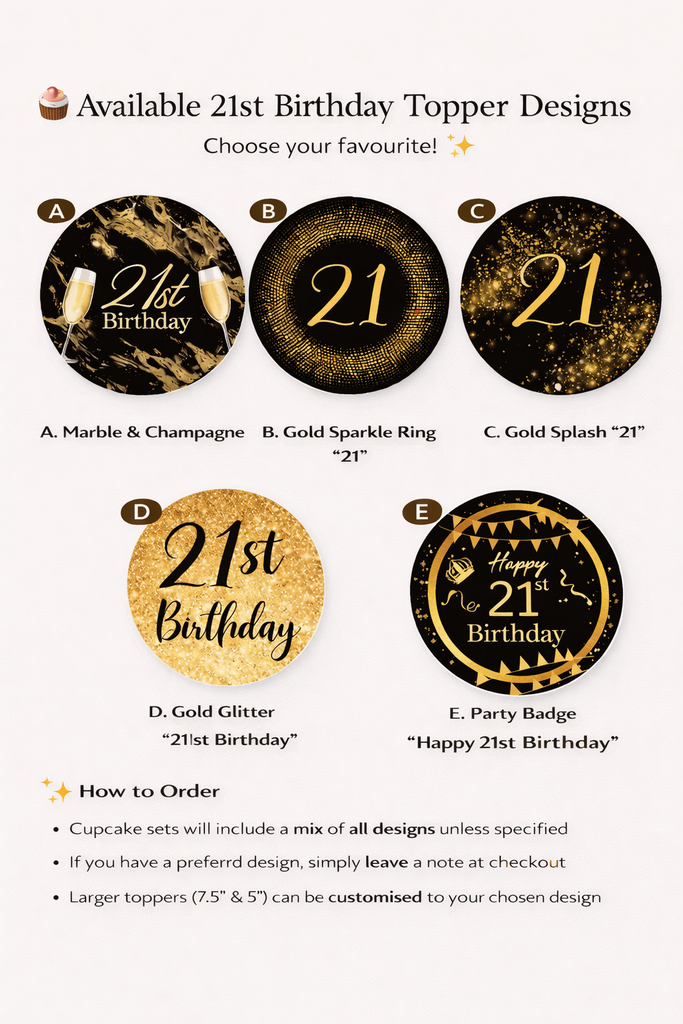 21st Birthday Black & Gold Edible Cake Toppers
