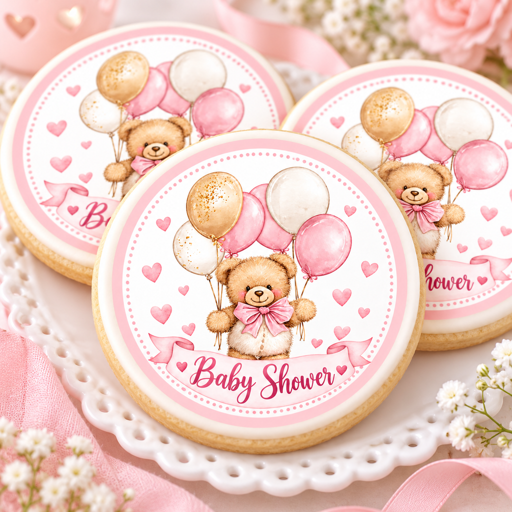 Pink Teddy Bear Baby Shower Edible Cake & Cupcake Toppers