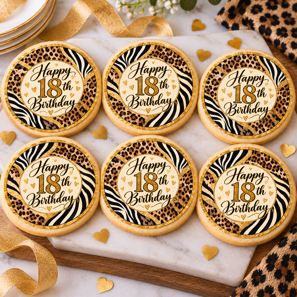 Happy 18th Birthday Animal Print Edible Cake & Cupcake Toppers