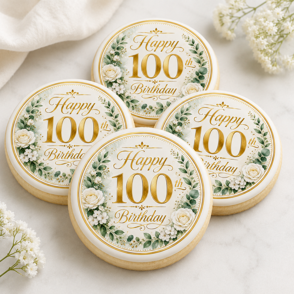 Happy 100th Birthday Edible Cake Toppers - Green and Gold