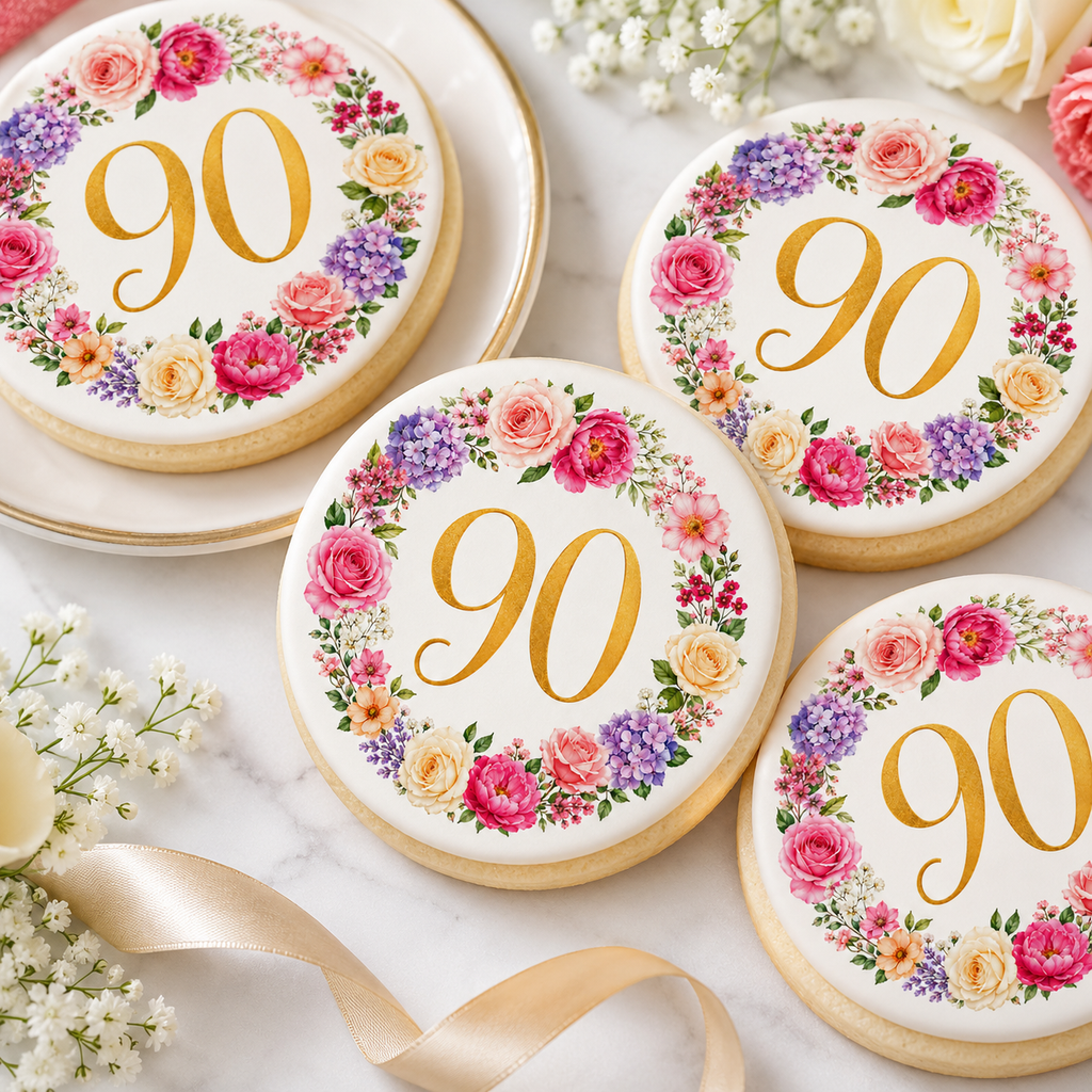 Happy 90th Floral Birthday Edible Cake Toppers