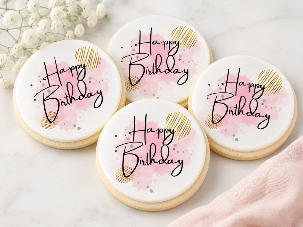 Happy Birthday - Pink and Gold - Edible Cake & Cupcake Toppers