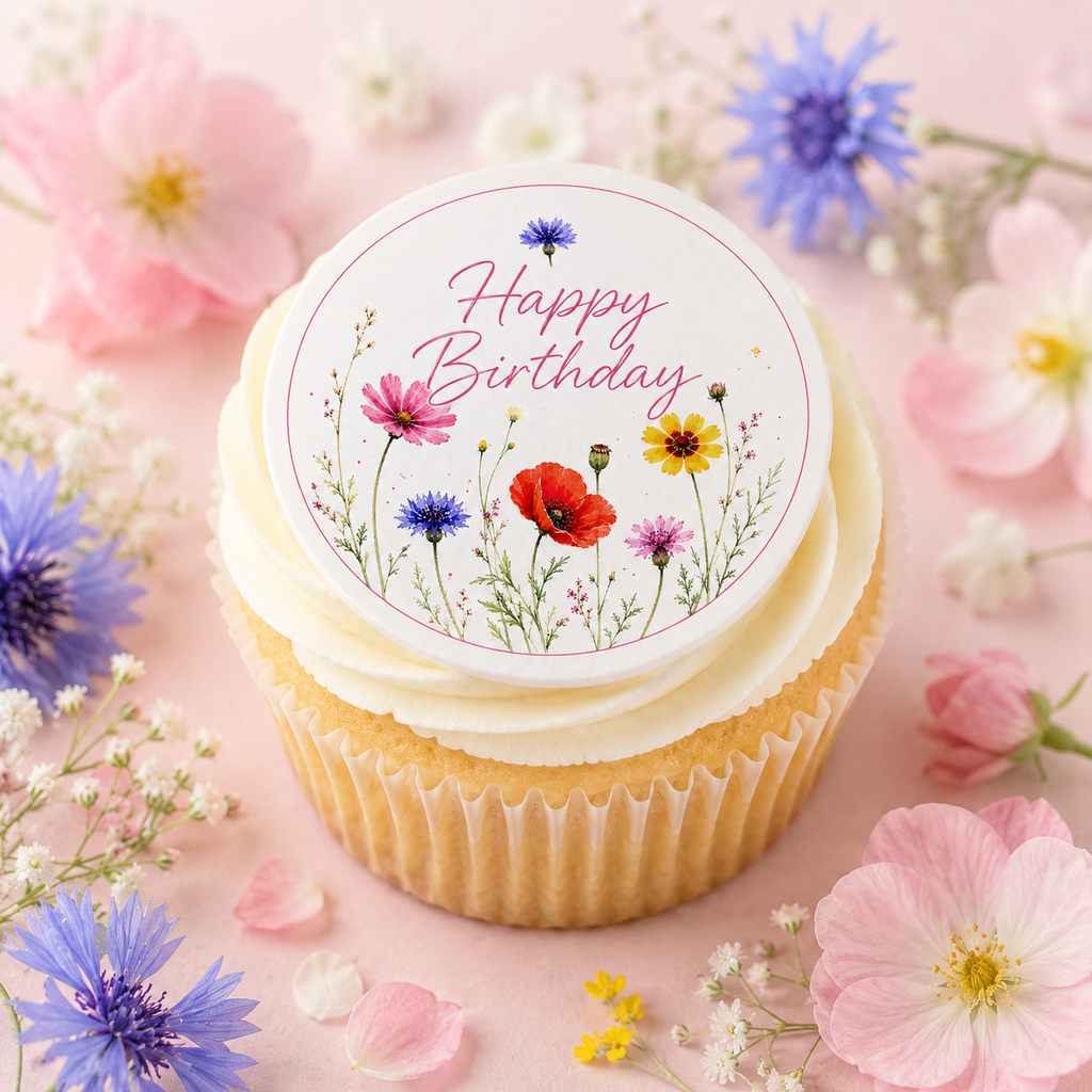 Wildflower Happy Birthday - Edible Cake and Cupcake Toppers