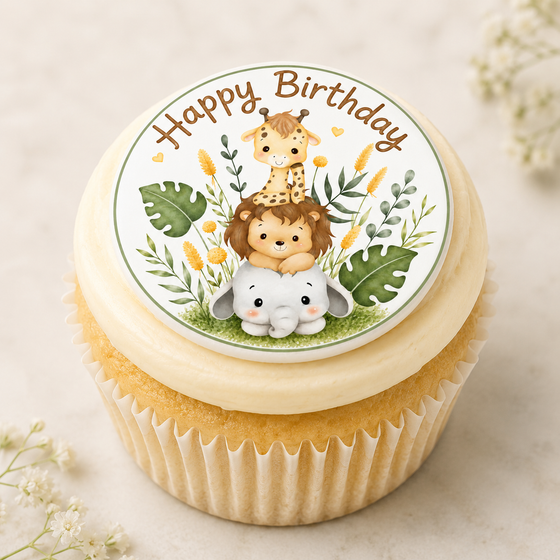 Happy Birthday Cute Baby Safari Animals - Edible Cake Toppers