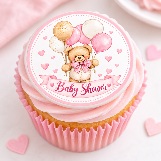 Pink Teddy Bear Baby Shower Edible Cake & Cupcake Toppers