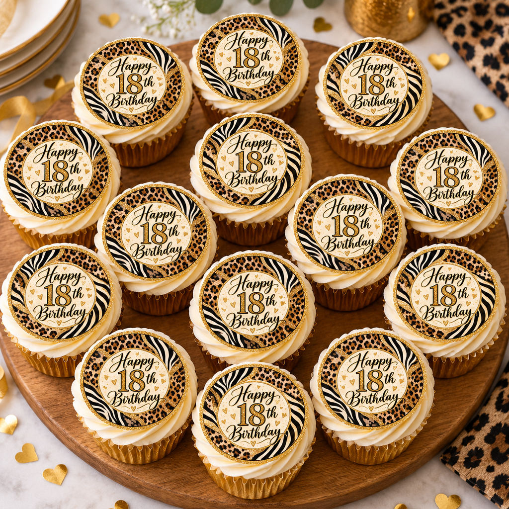 Happy 18th Birthday Animal Print Edible Cake & Cupcake Toppers