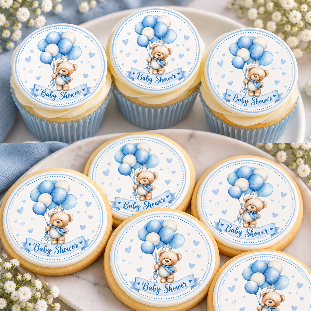 Blue Teddy Bear Baby Shower Edible Cake & Cupcake Toppers