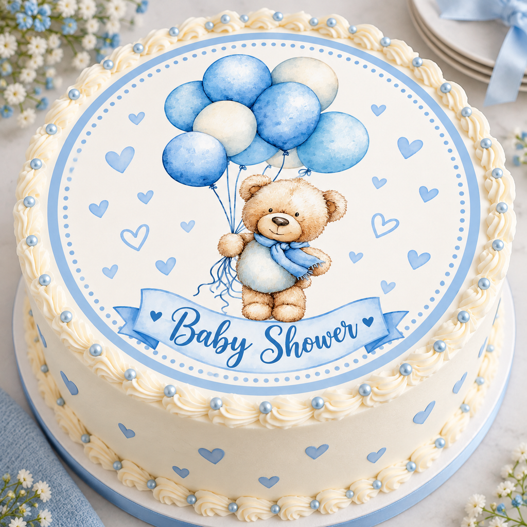 Blue Teddy Bear Baby Shower Edible Cake & Cupcake Toppers