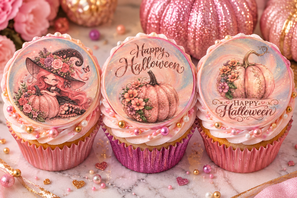 Pink Halloween Edible Cake & Cupcake Toppers – Pretty Pastel Pumpkin & Witch Designs