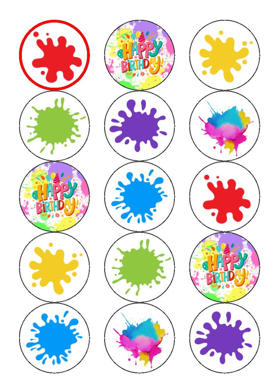 Birthday Paint Splat Themed Edible Cupcake Toppers