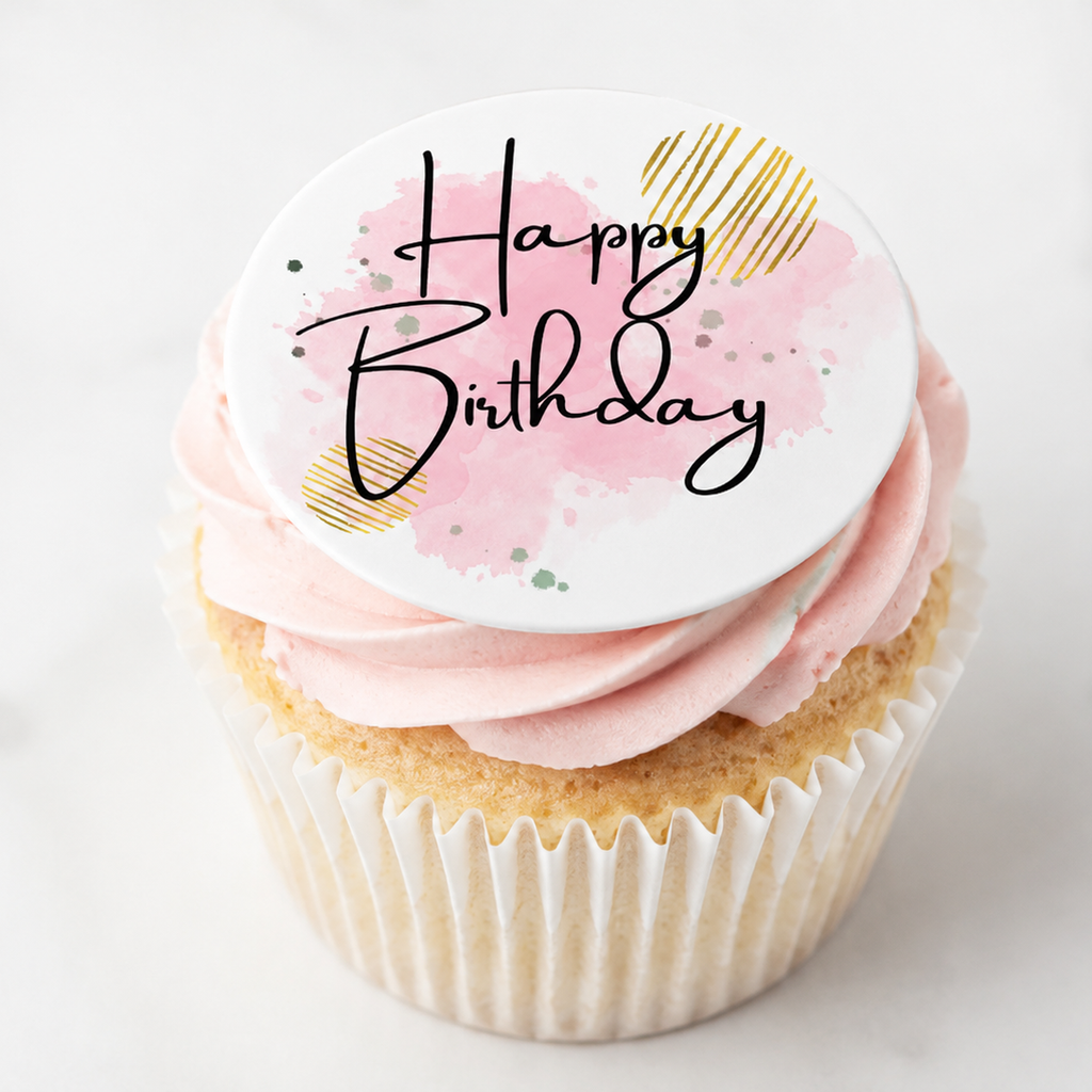Happy Birthday - Pink and Gold - Edible Cake & Cupcake Toppers