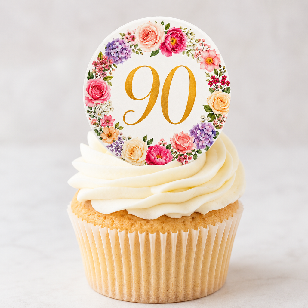 Happy 90th Floral Birthday Edible Cake Toppers
