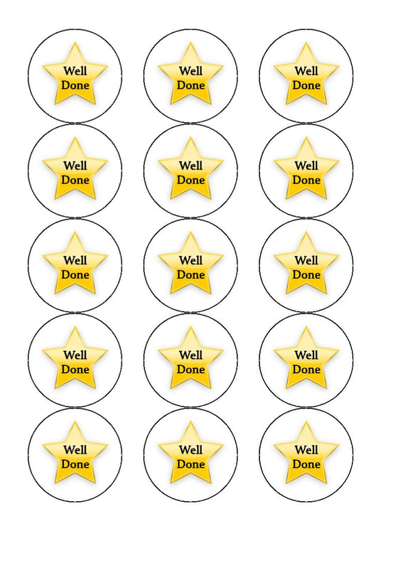 Well done - gold star (edible cake/cupcake toppers)