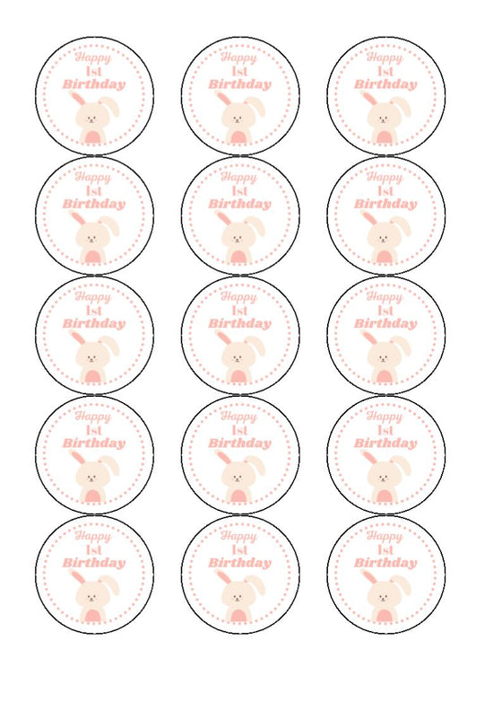 Happy 1st Birthday - Bunny Design 1 - Edible Cake and Cupcake Toppers