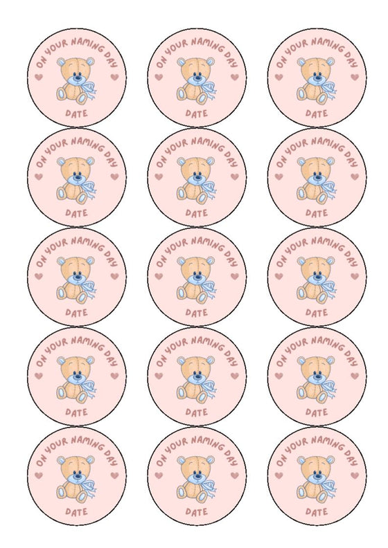 On your naming day - Teddy - Cake and Cupcake Toppers (Text can be amended)
