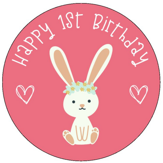 Happy 1st Birthday - Bunny Design 2 - Edible Cake and Cupcake Toppers
