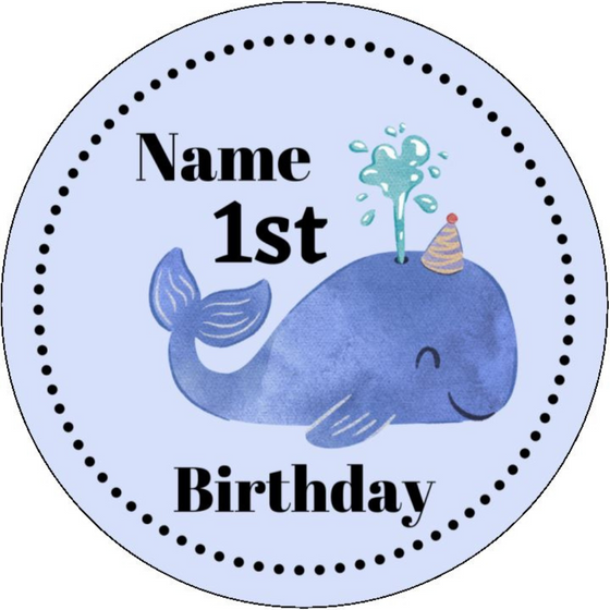 Happy 1st Birthday - Whale - Add Name - Edible Cake and Cupcake Toppers