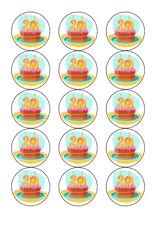 Happy 20th Birthday - Edible cake/cupcake toppers