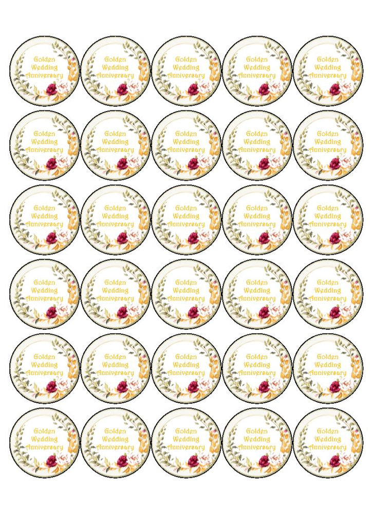 Golden 50th Wedding Anniversary - edible cake/cupcake toppers- personalised
