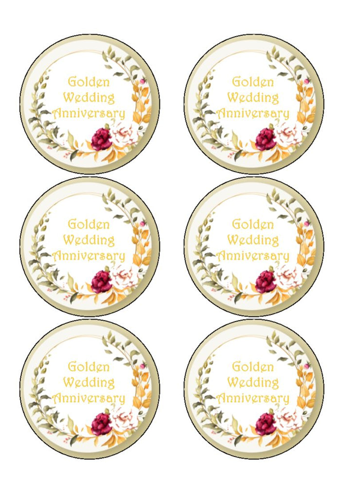 Golden 50th Wedding Anniversary - edible cake/cupcake toppers- personalised