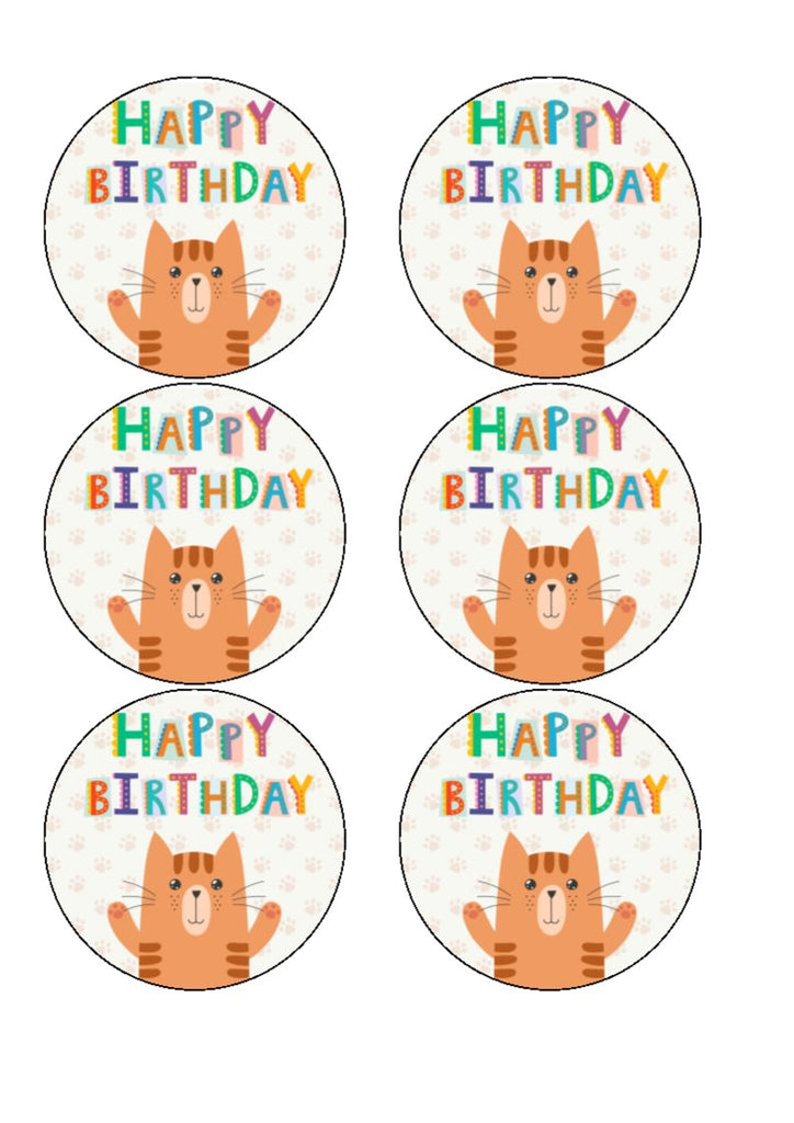 Happy Birthday - Cat Design 1 - edible cake/cupcake toppers