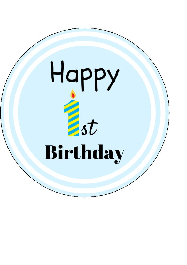 Happy 1st Birthday - Blue - Edible Cake and Cupcake Toppers