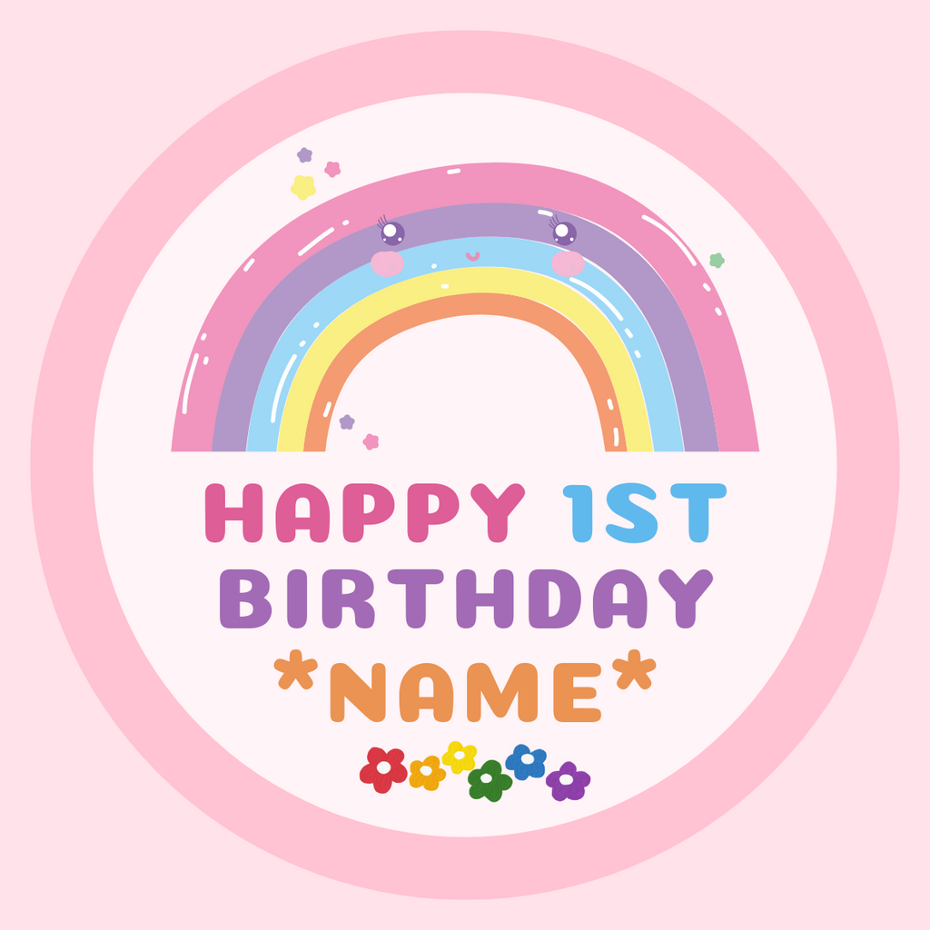 Happy 1st Birthday - Rainbow - Add Name - Edible Cake and Cupcake Toppers