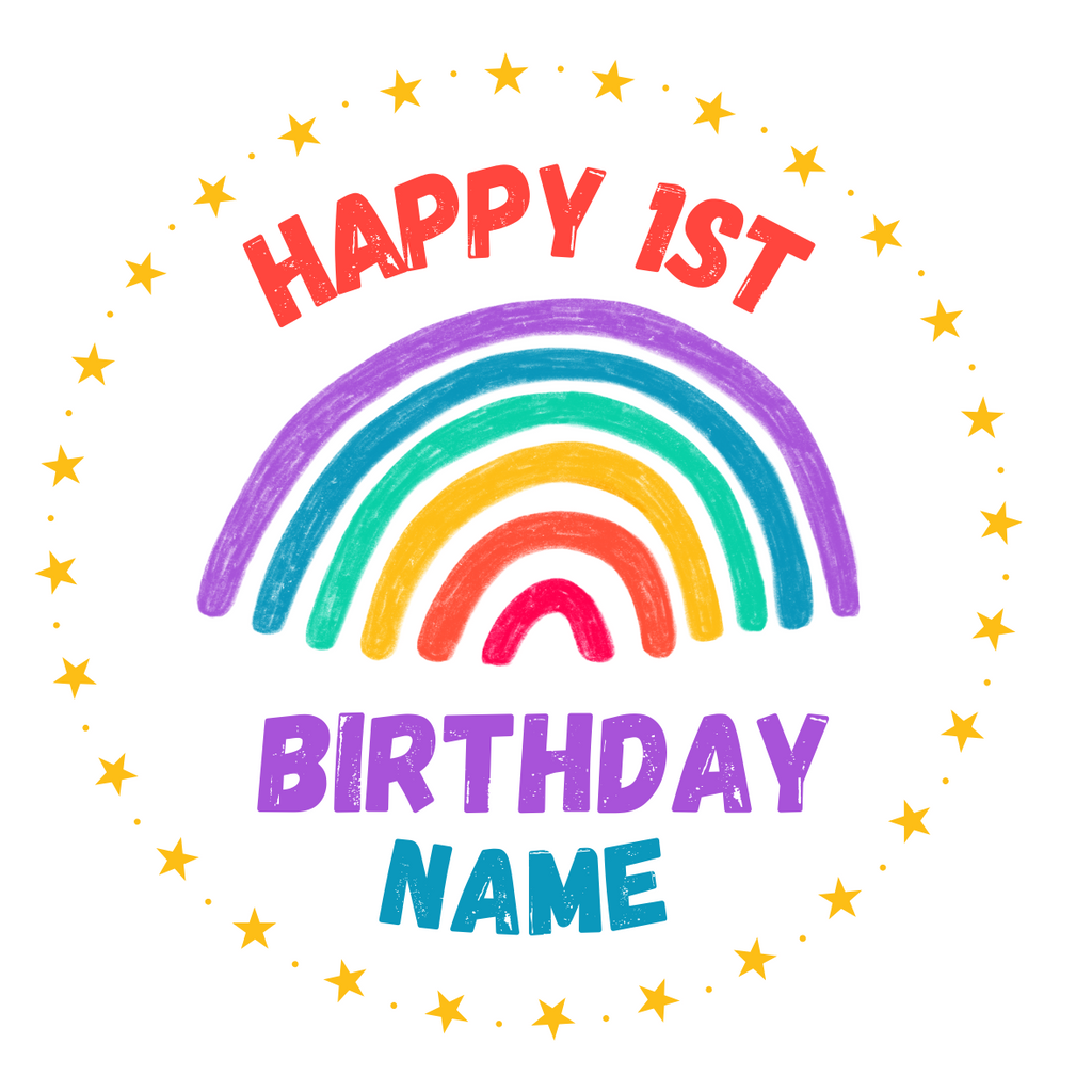 Happy 1st Birthday - Stars and Rainbow - Add Name - Edible Cake and Cupcake Toppers