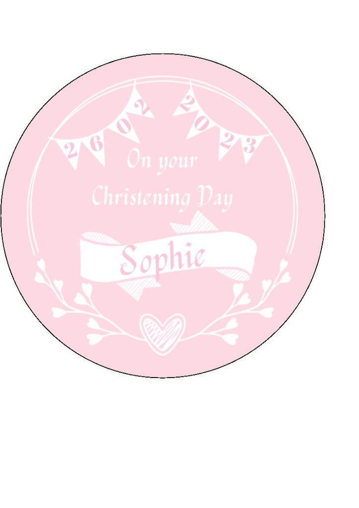 Pink Christening with heart border edible toppers (Text can be amended)
