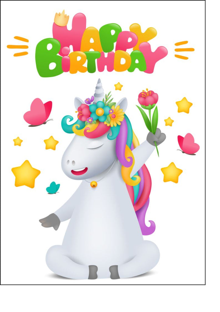 Happy Birthday - Bright Unicorn - Edible cake/cupcake toppers